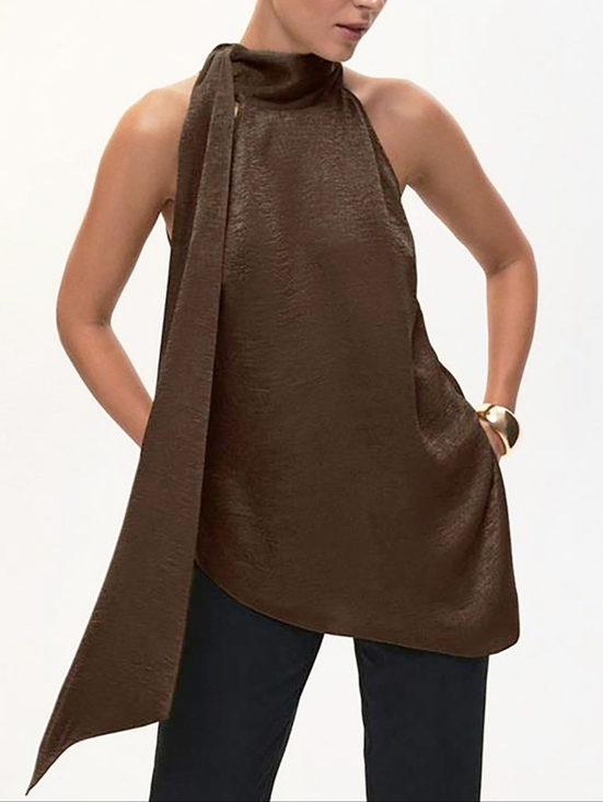 Lovely Rosetta Tops - High-Neck Tie Halter Top - Chocolate Brown